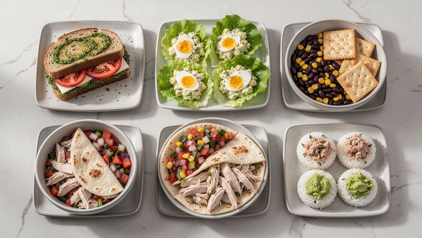 Five affordable no-cook lunches arranged on a kitchen table.