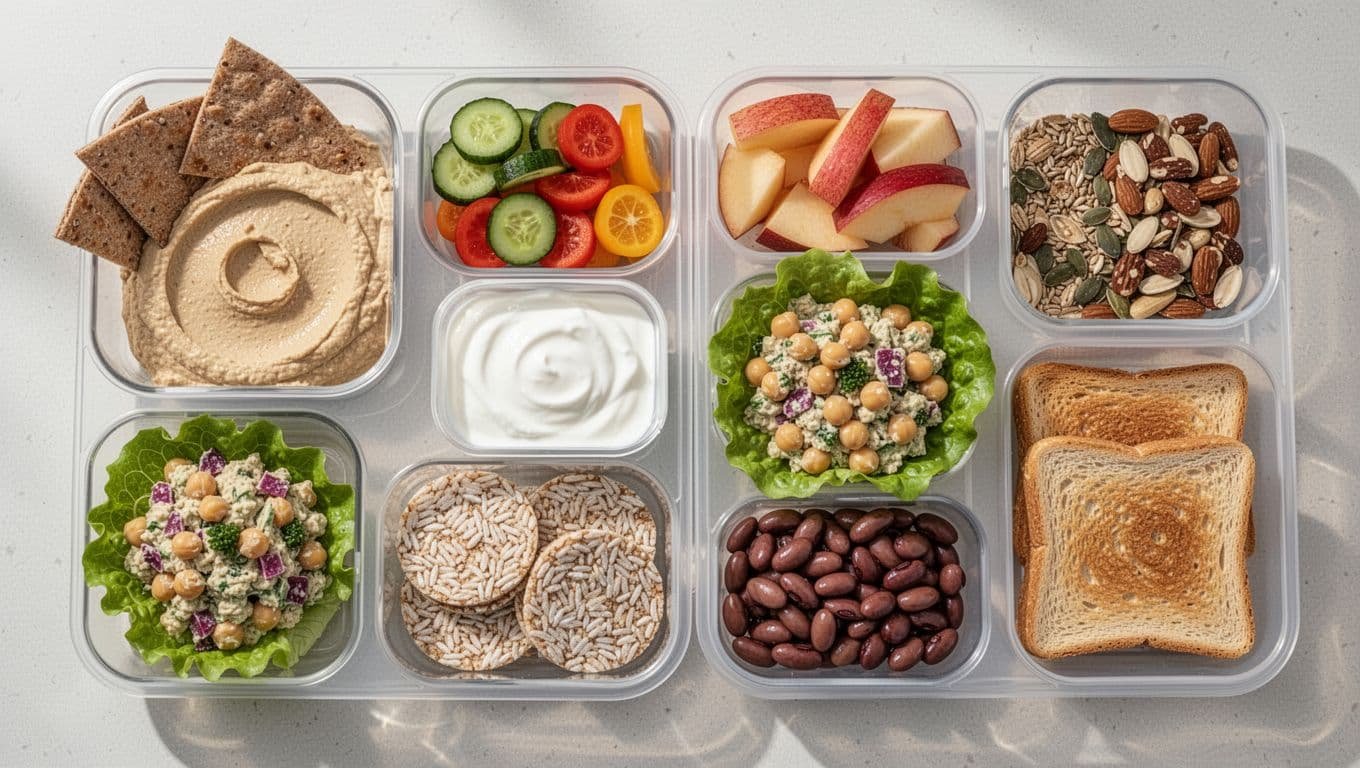 Reusable lunch boxes hold hummus, vegetables, fruit, yogurt, chickpea cups, and assorted snacks.