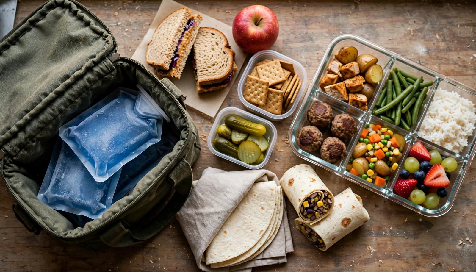 Packed lunches with sandwiches, fruit, snacks, and meal-prep containers beside an insulated lunch bag.