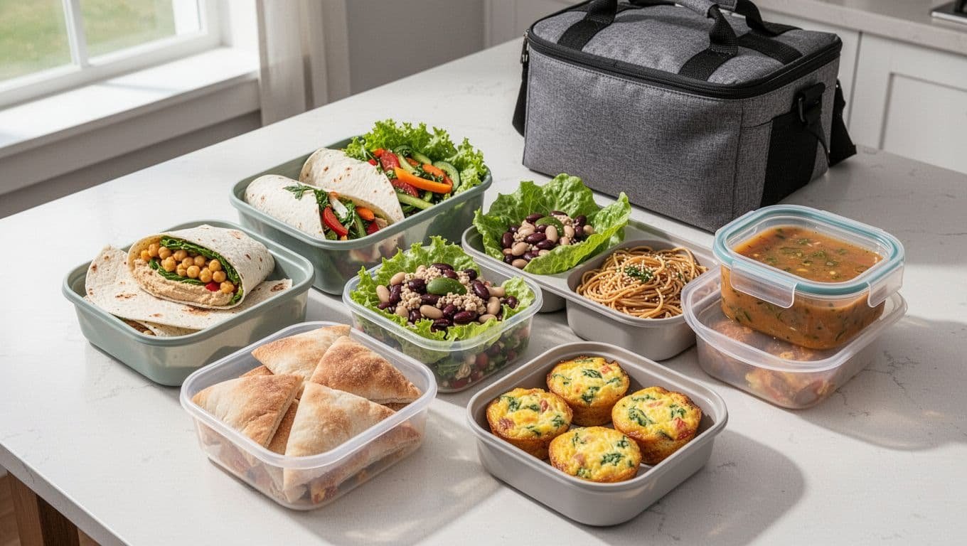 Packable wraps, salads, noodles, egg muffins, and soup arranged on a bright kitchen table.