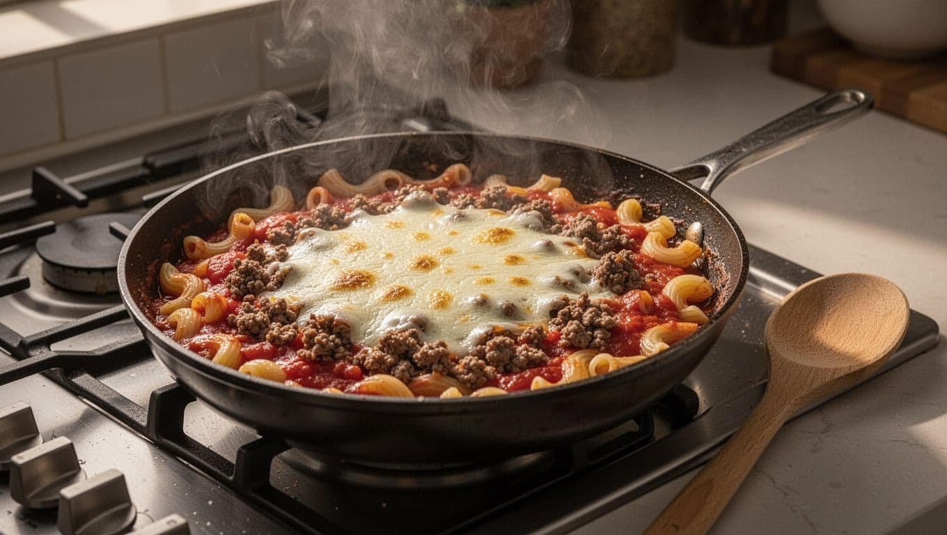 Bubbling beef pasta with tomato sauce and melted cheese in a skillet.