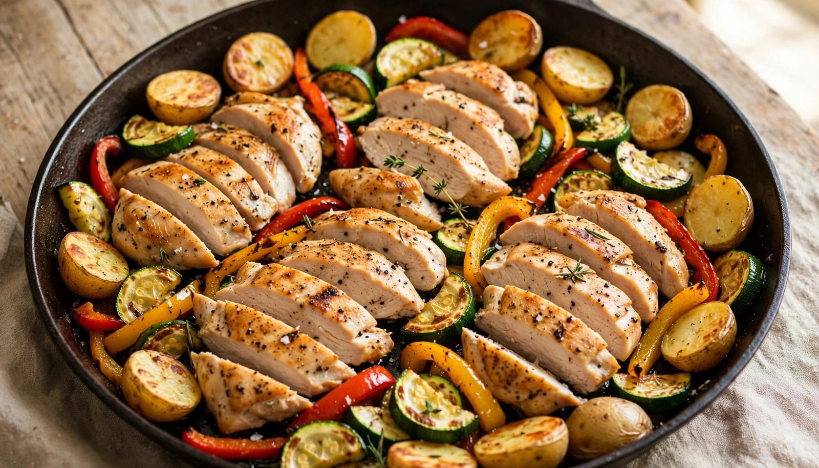 A skillet filled with chicken, vegetables, and golden potatoes on a kitchen table.
