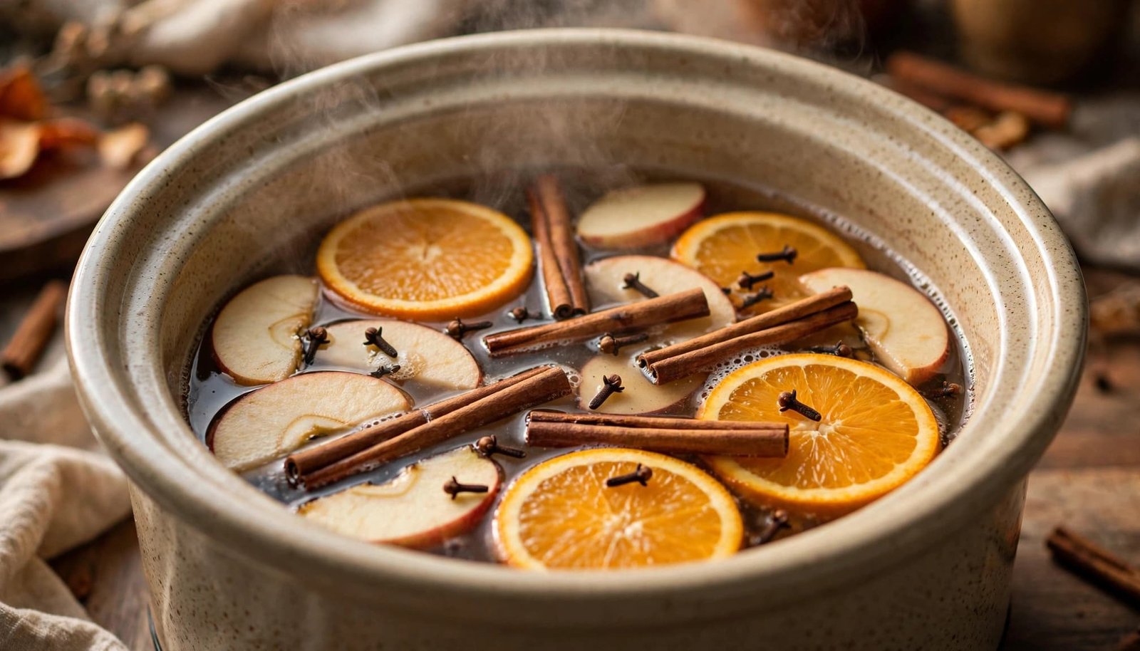 A steaming crockpot with oranges, apples, cinnamon sticks, and cloves.