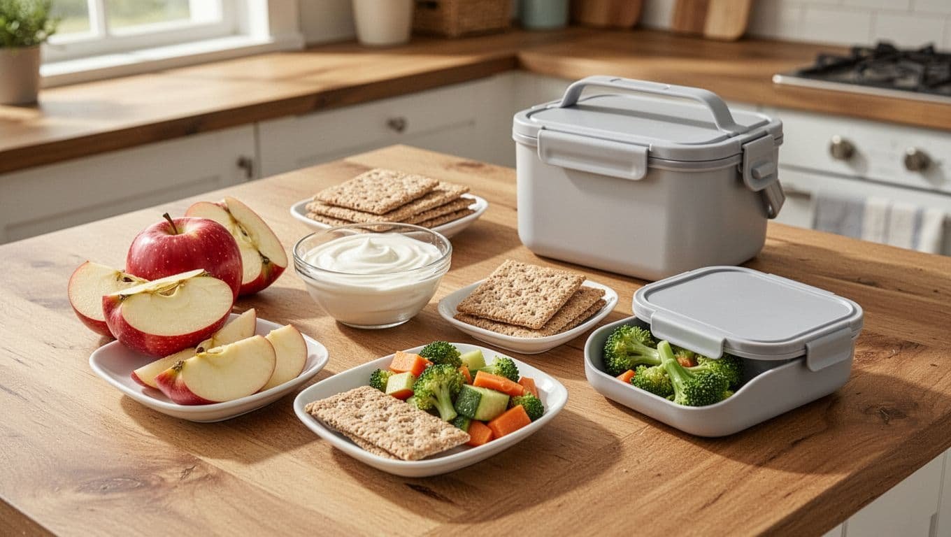 Portioned apples, yogurt, crackers, vegetables, and a lunch container on a kitchen counter.