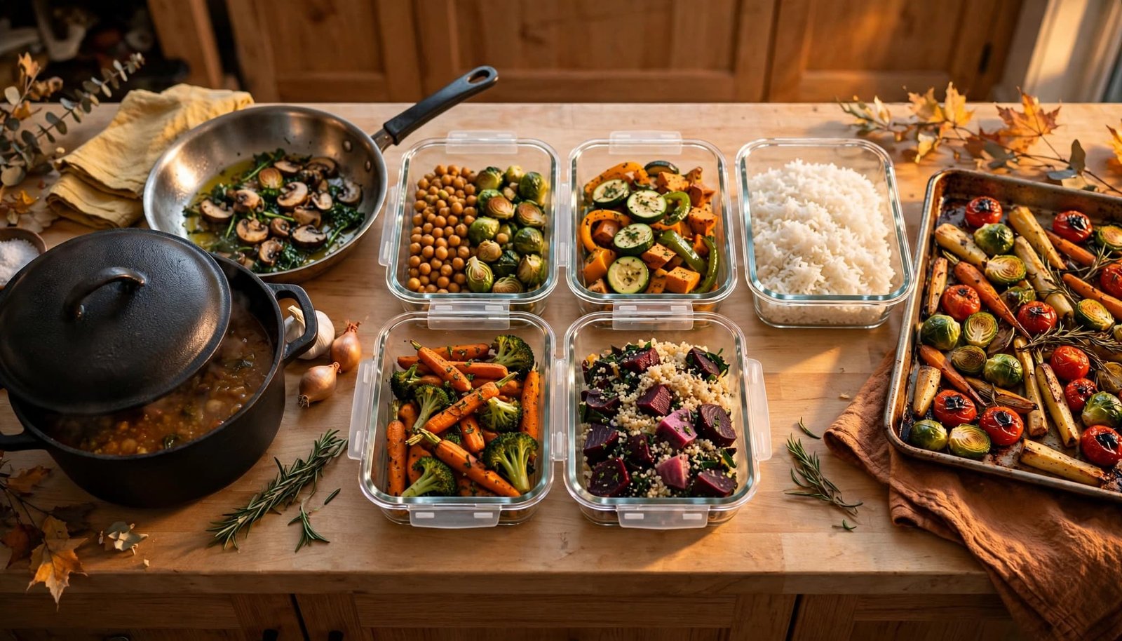 Organized kitchen counter with meal containers, soup, skillet, roasted vegetables, and cooked rice.