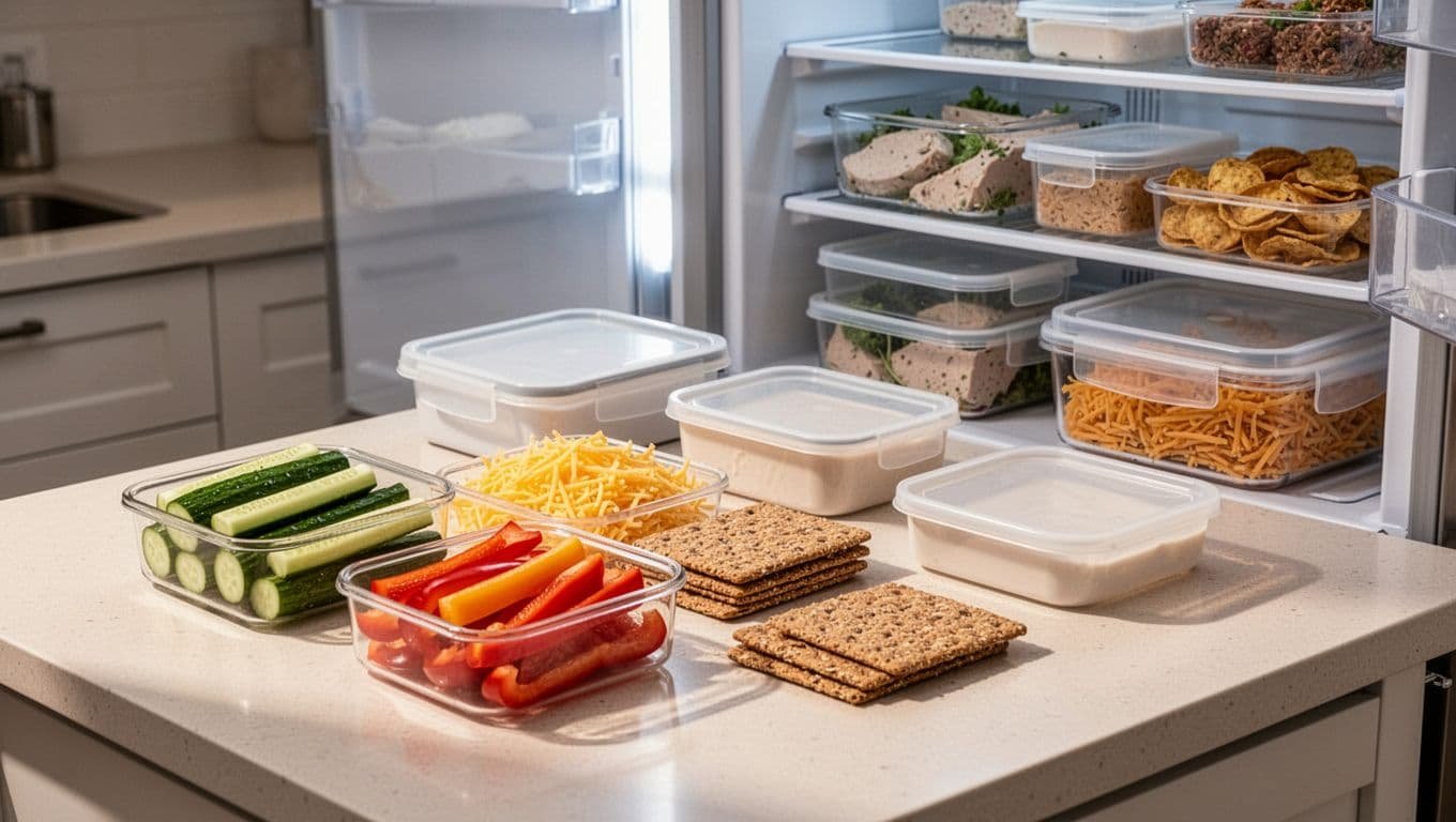 Organized vegetables, hummus, cheese, and crackers prepared for school snacks.