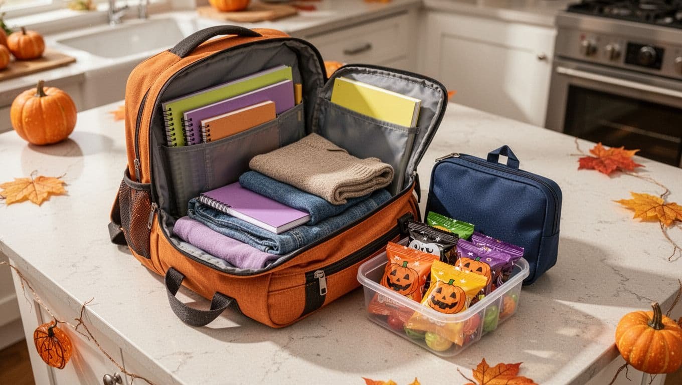 An open school bag holds wrapped Halloween treats, snacks, a lunch pouch, notebooks, and clothing.