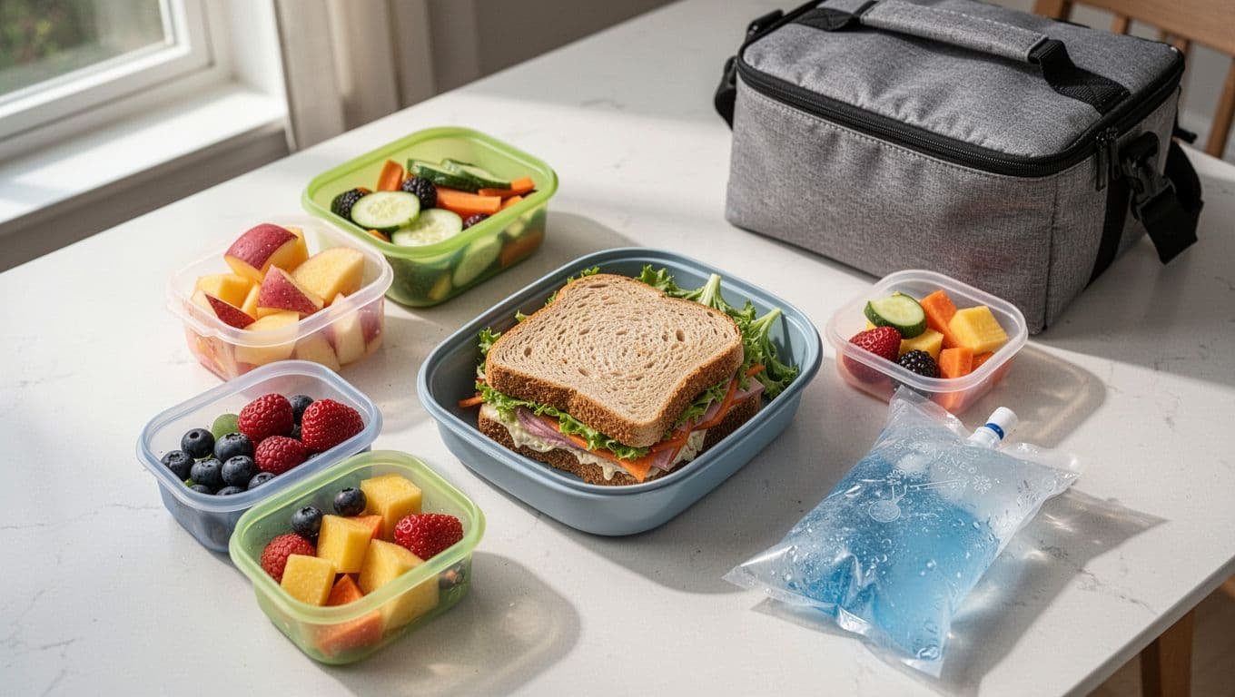 A sandwich with fruit and vegetables beside a lunch bag and ice pack.
