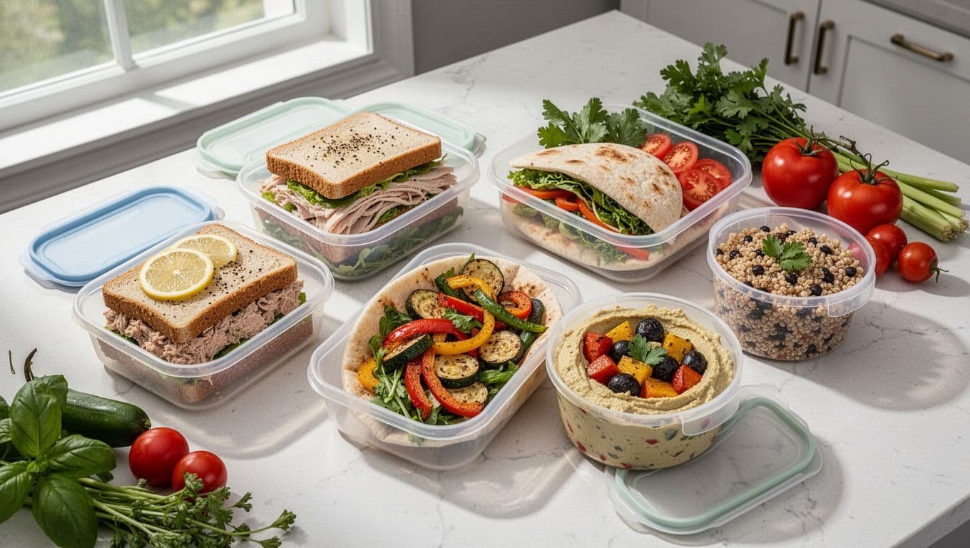 Four packed lunches with sandwiches, a vegetable pita, and a grain bowl on a kitchen table.