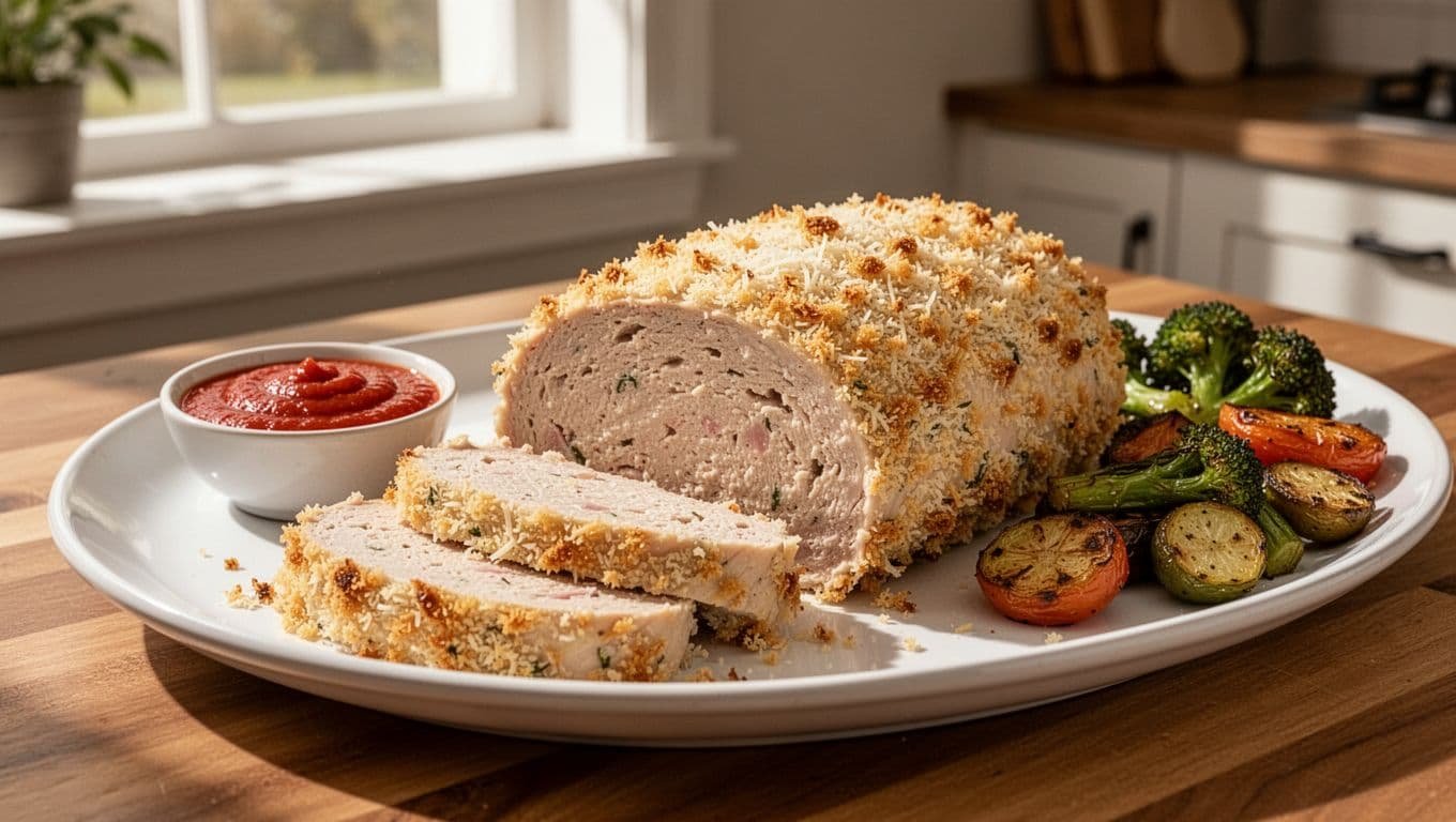 Sliced Parmesan chicken meatloaf with roasted vegetables and marinara sauce on a platter.