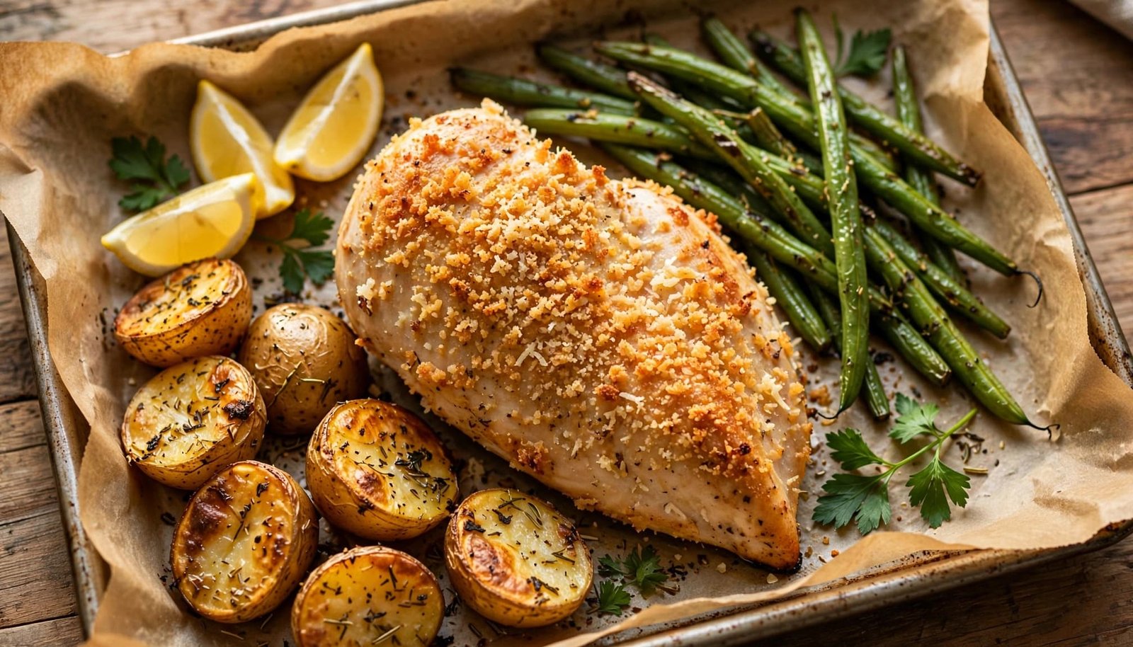 Parmesan-crusted chicken with potatoes and green beans on a sheet pan.