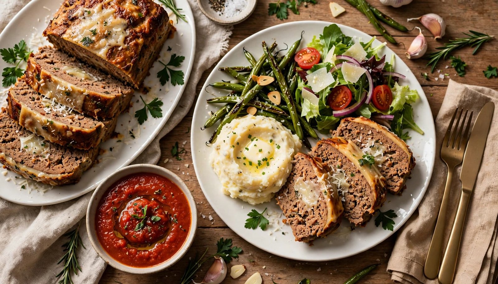 Sliced meatloaf with mashed potatoes, green beans, salad, and marinara on a dinner table.