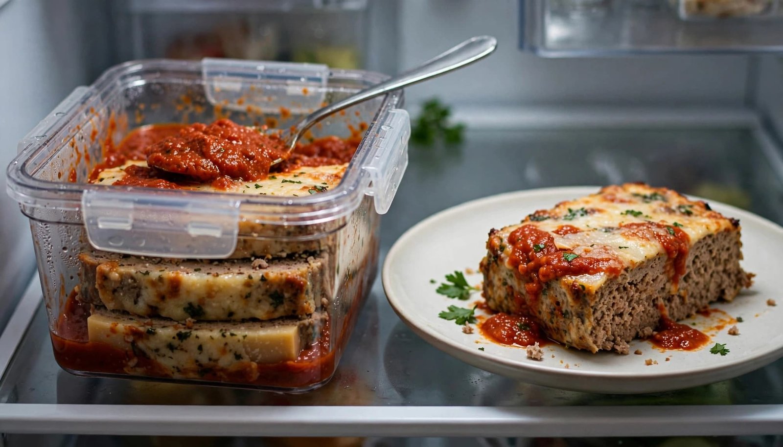 Sliced Parmesan meatloaf in a clear container beside a plate and marinara.