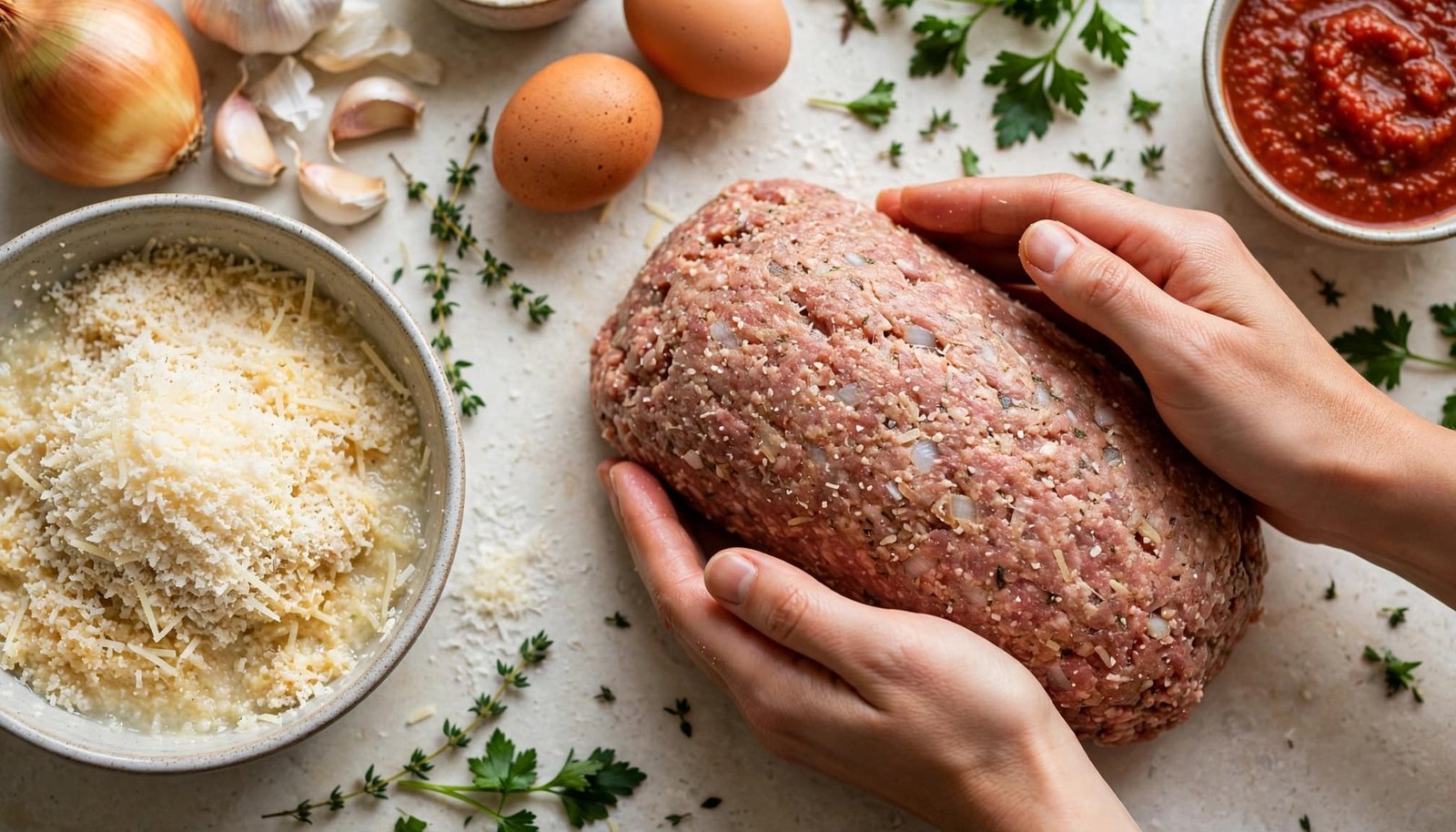 Hands shape meatloaf beside breadcrumbs, Parmesan, herbs, and marinara on a kitchen counter.