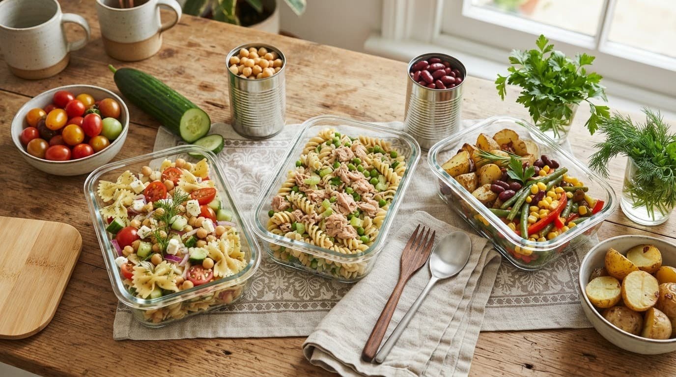 Three meal-prep containers hold pasta salads and potatoes on a kitchen table.