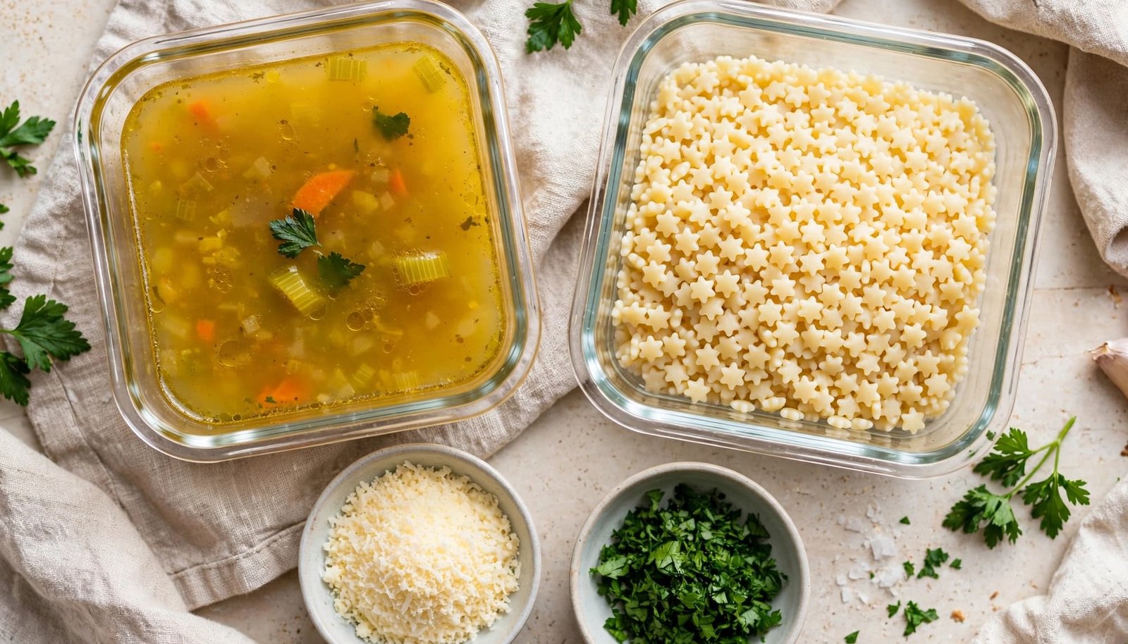 Separate containers hold broth and tiny pasta with Parmesan and parsley nearby.