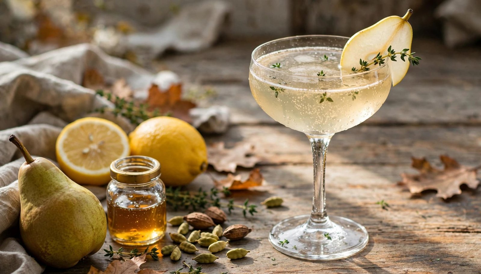 Pear and cardamom Prosecco cocktail with thyme on a rustic autumn counter.