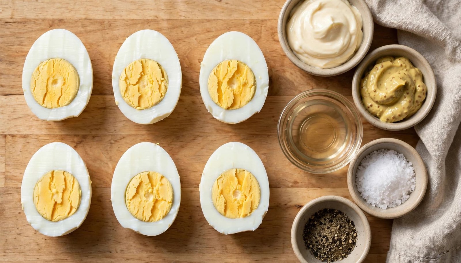 Six peeled egg halves beside mayonnaise, mustard, vinegar, salt, and pepper.