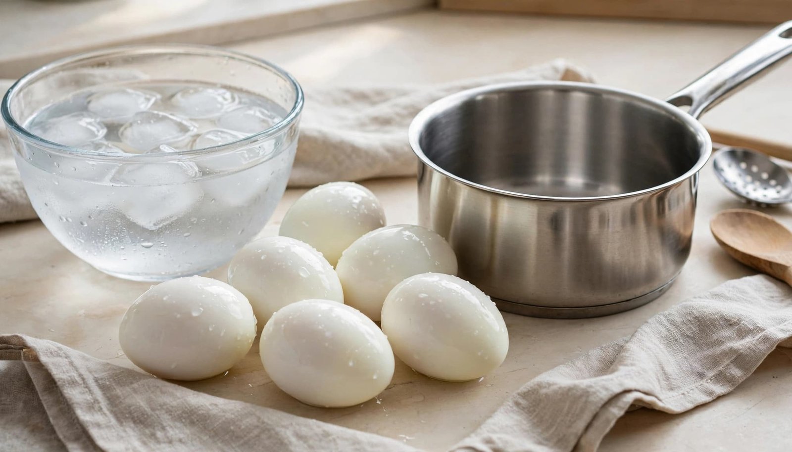 Six peeled eggs beside ice water and a saucepan on a kitchen counter.