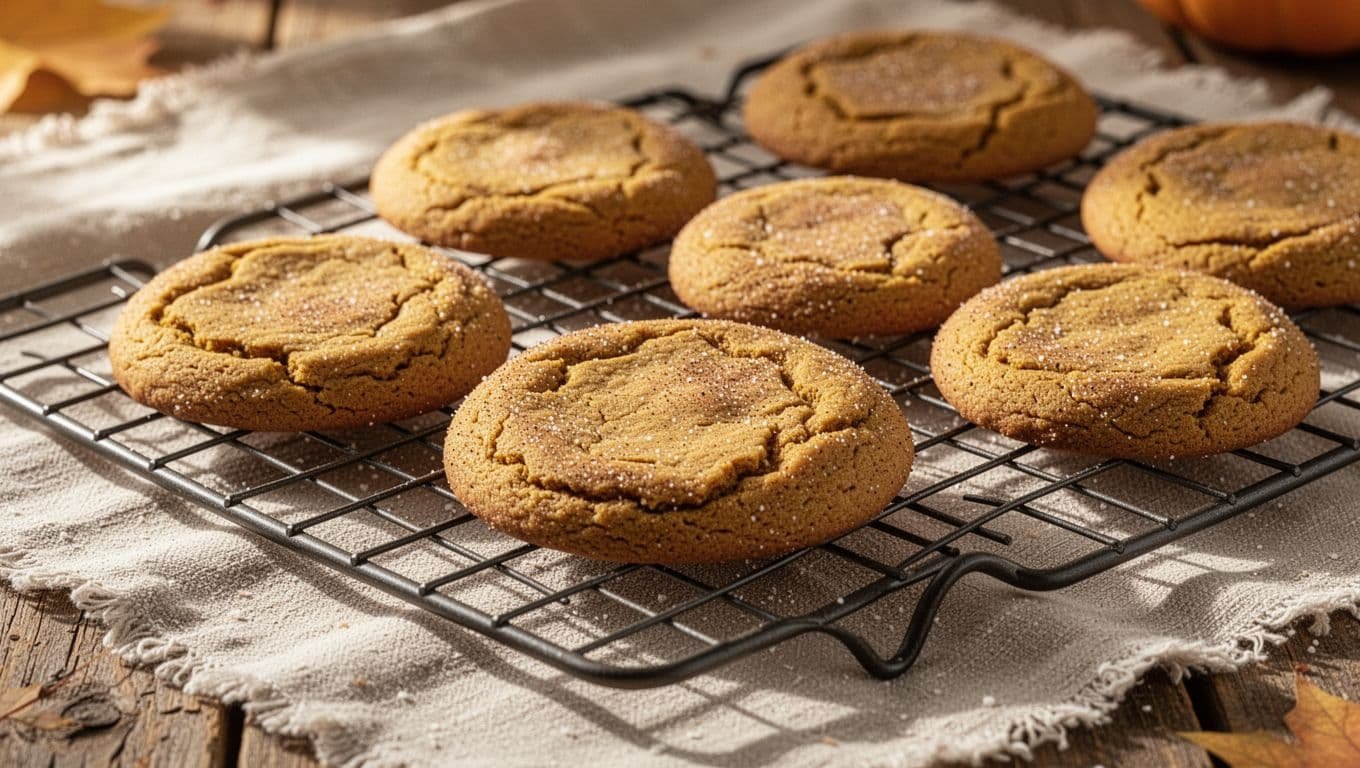 Pumpkin snickerdoodle cookies cool on a wire rack with cracked tops and soft centers.