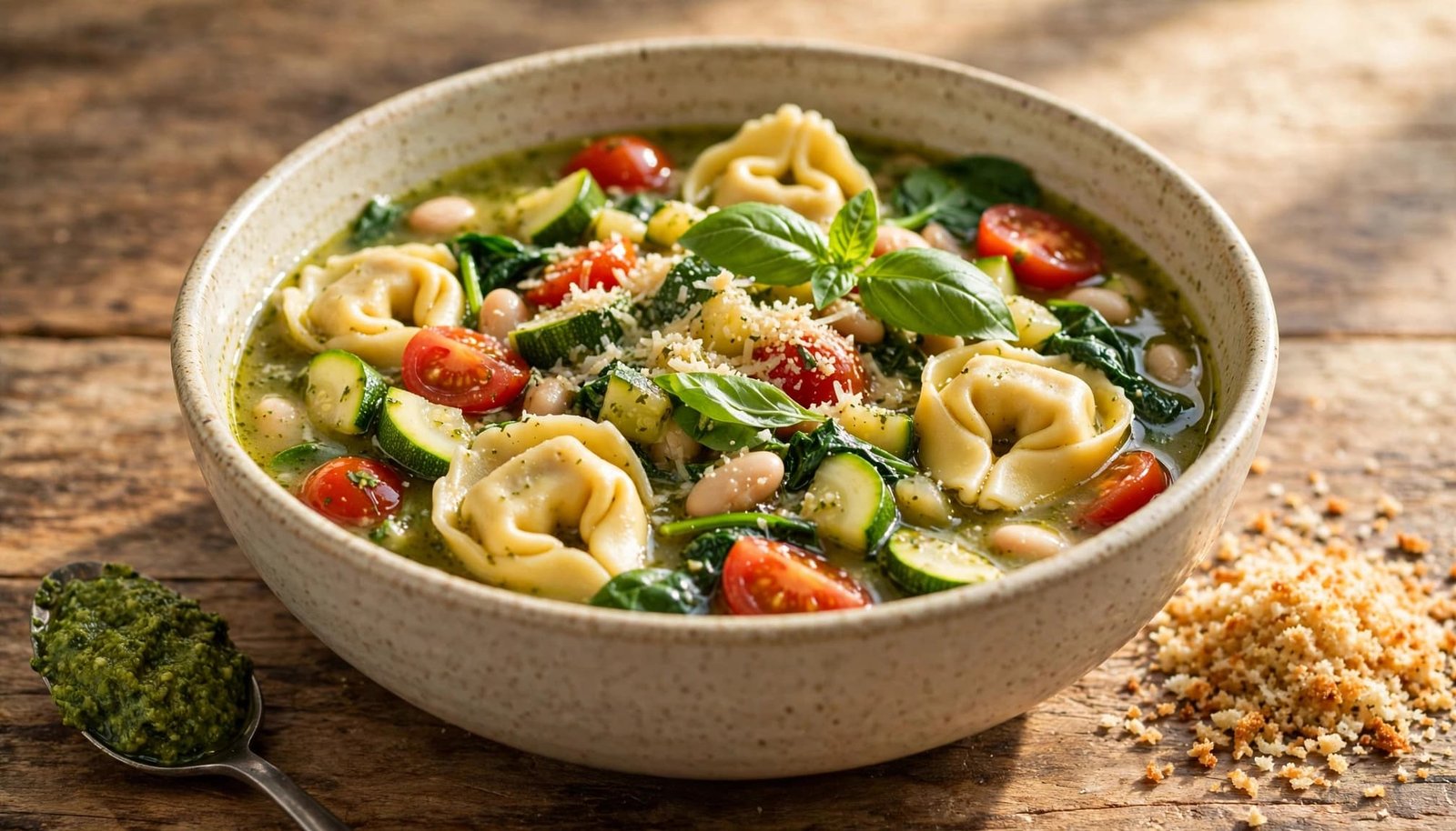 A bowl of pesto tortellini soup with vegetables, Parmesan, and basil on a wooden table.