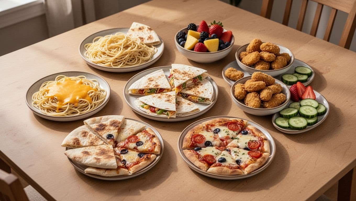 Kid-friendly dinner foods served in separate dishes on a kitchen table.