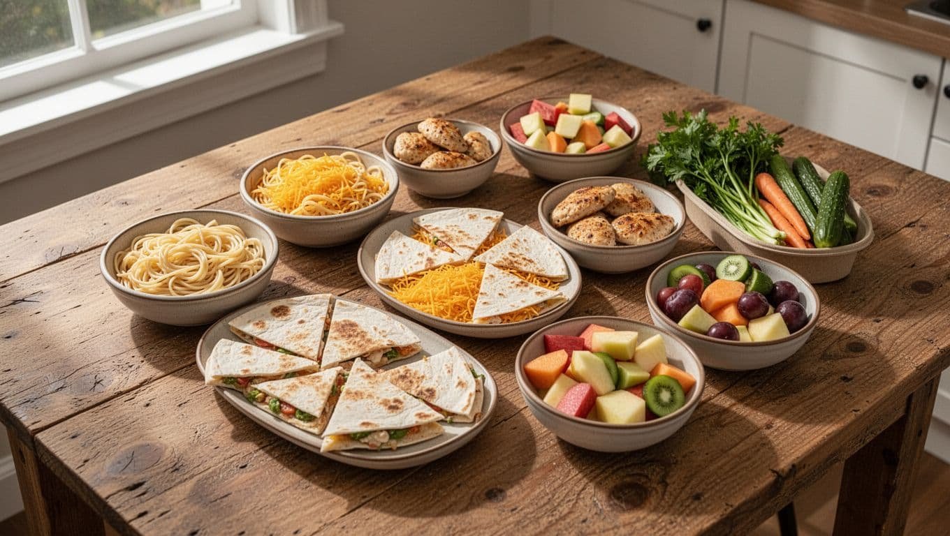 Separate bowls hold pasta, quesadilla wedges, chicken, fruit, and vegetables on a kitchen table.