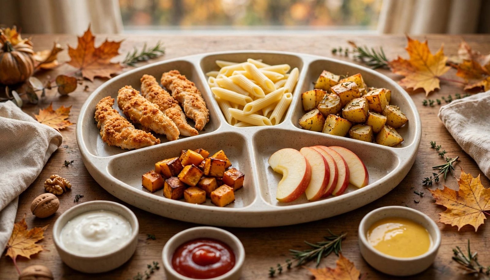 A divided plate with chicken, pasta, potatoes, apple, squash, and separate sauces.