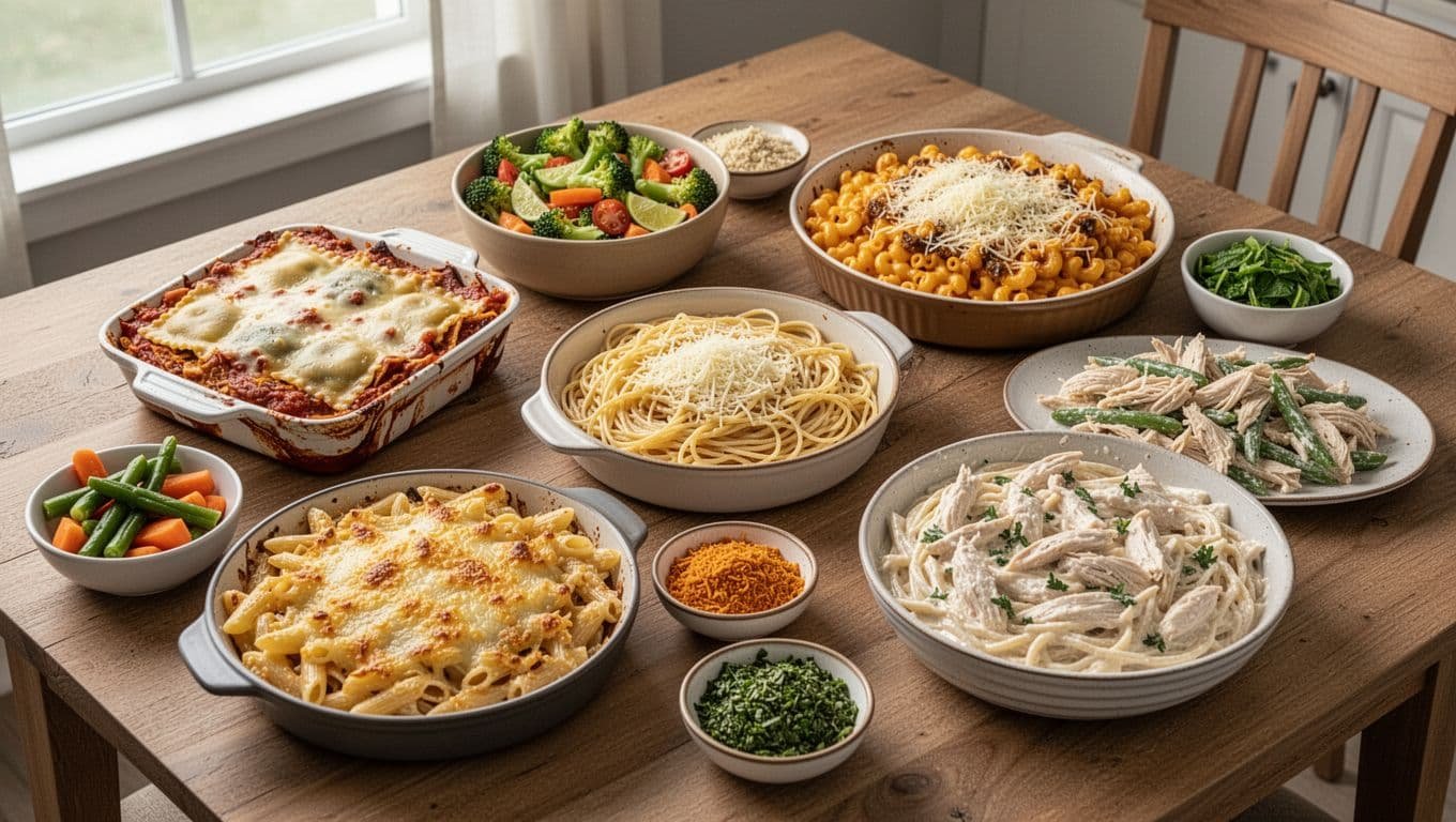 Five mild pasta dishes served in separate bowls on a kitchen table.