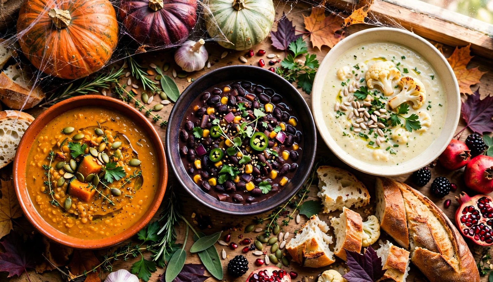 Three colorful vegan soups sit on an autumn buffet with squash, herbs, bread, and subtle spiderwebs.
