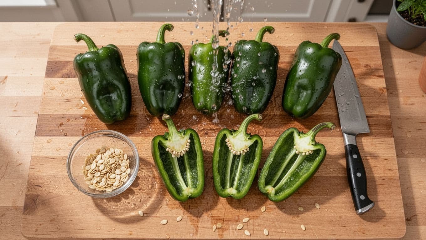 Six poblano peppers are arranged with a knife and bowl of seeds on a wooden counter.