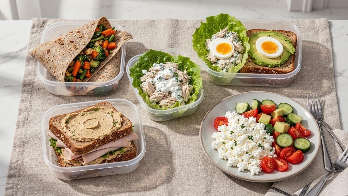 Five diabetes-friendly lunches arranged on a bright kitchen table.