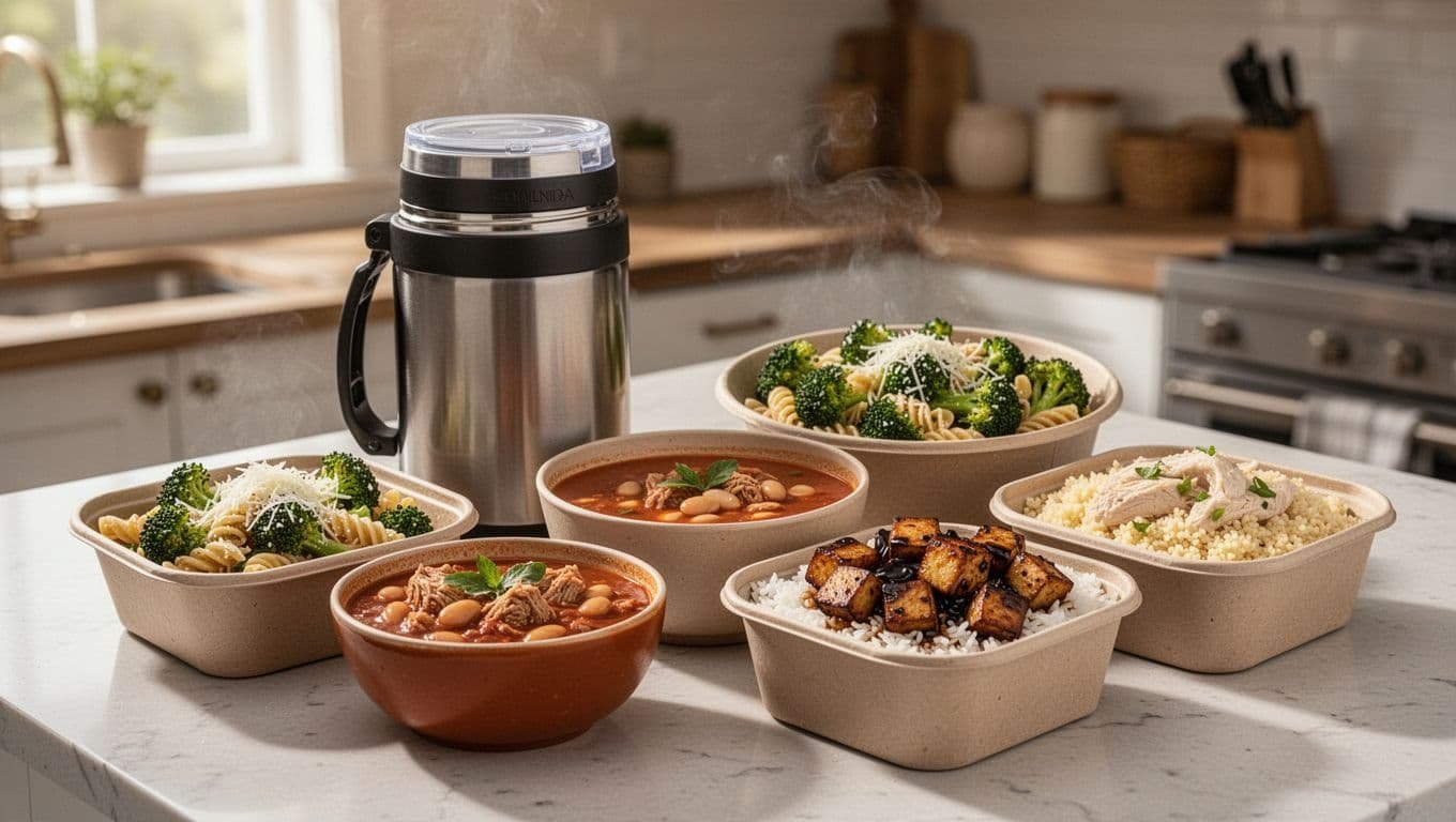 Packed containers of soup, chili, pasta, tofu rice, and chicken couscous on a kitchen counter.
