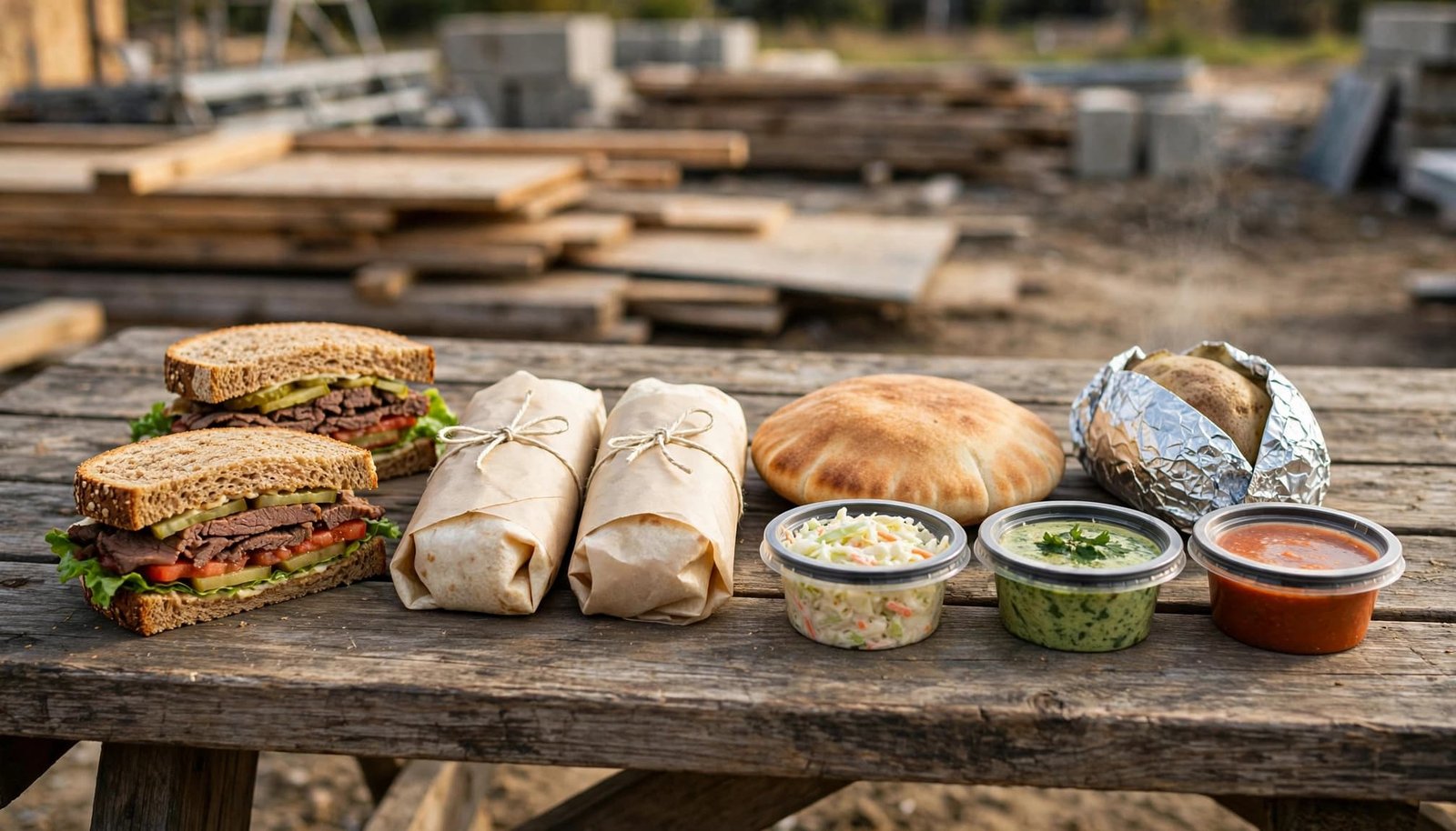 Packed sandwiches, wraps, a baked potato, and sauce containers rest on a picnic table.