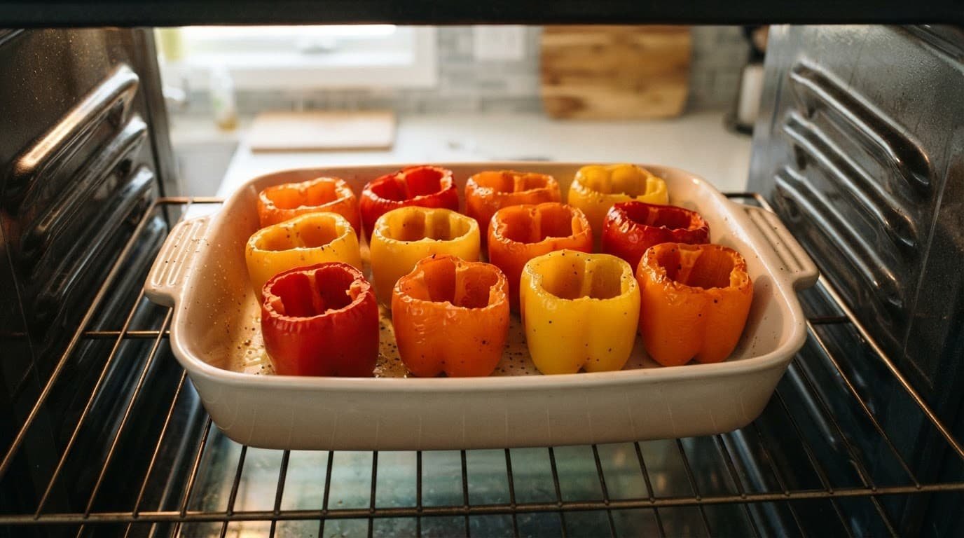Empty bell peppers stand upright in a baking dish.
