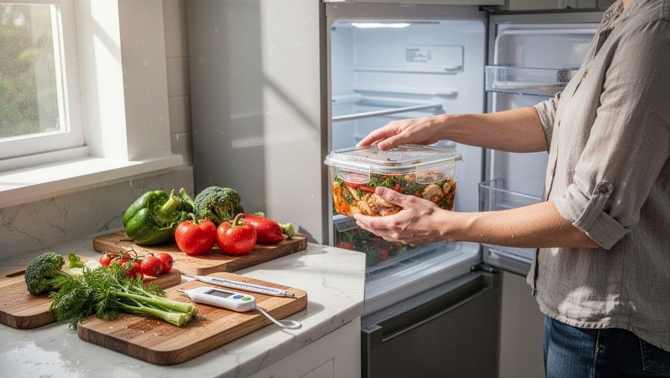 Person storing covered leftovers in a refrigerator beside vegetables and a food thermometer.