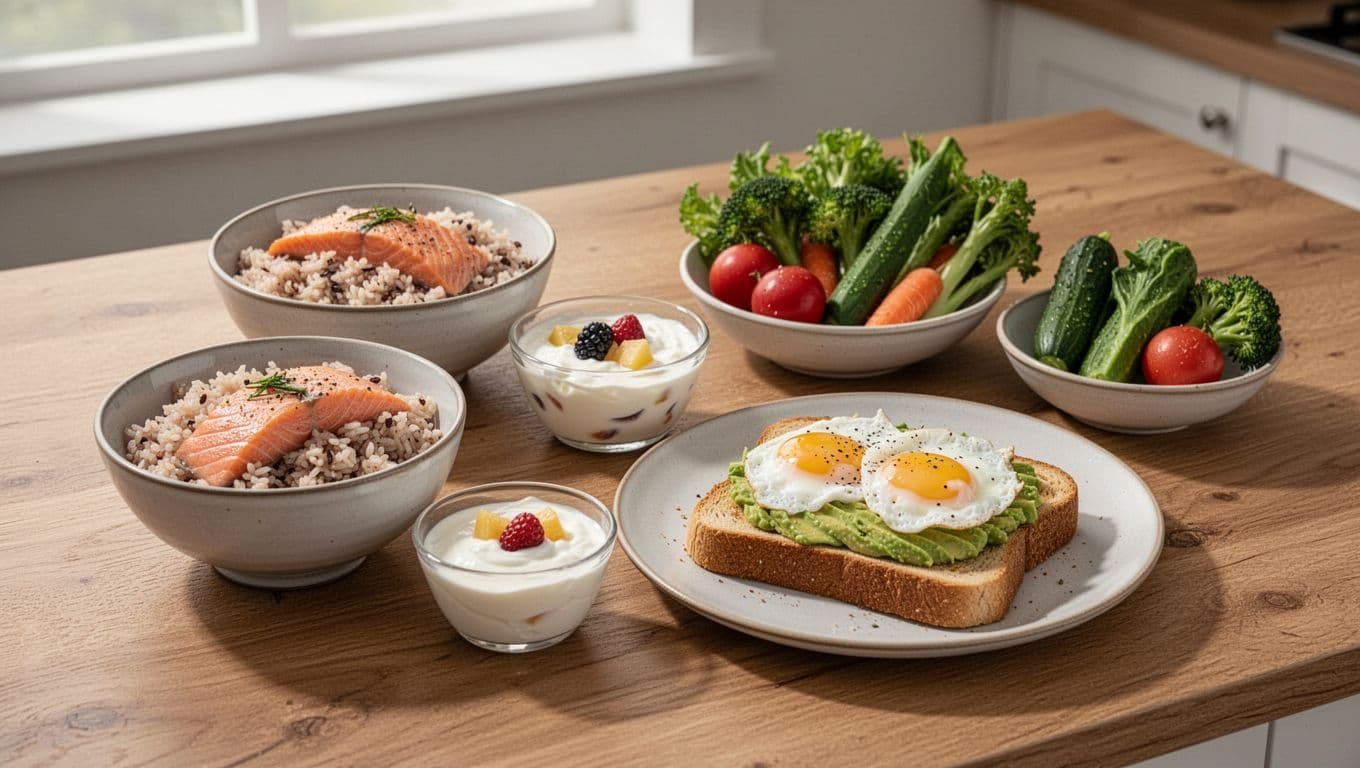 A lunch spread with salmon, rice, yogurt, fruit, toast, avocado, and washed vegetables.