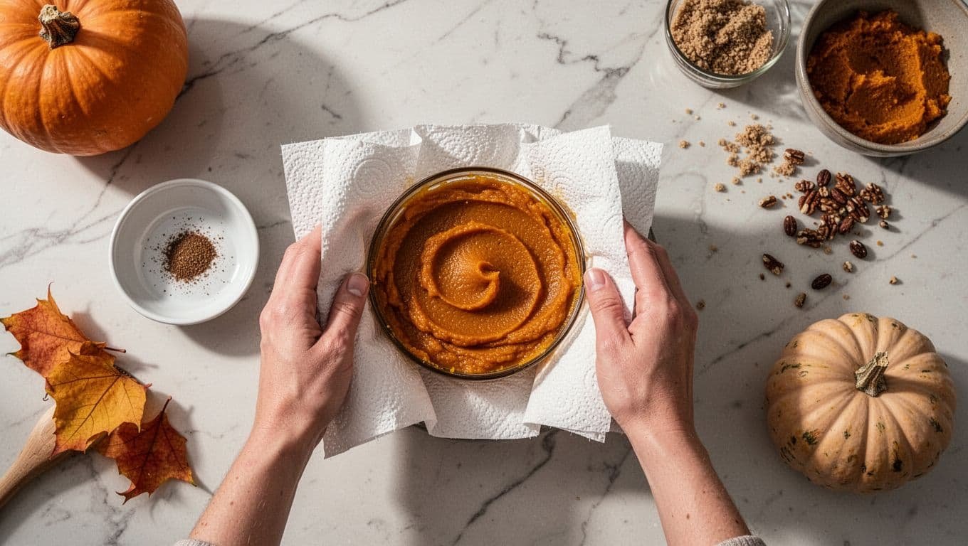 Hands press pumpkin puree between paper towels on a marble counter.