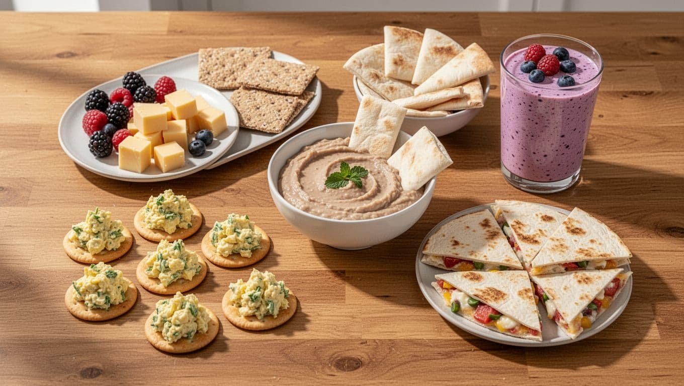 Overhead spread of crackers, dip, smoothie, berries, and sliced quesadilla.