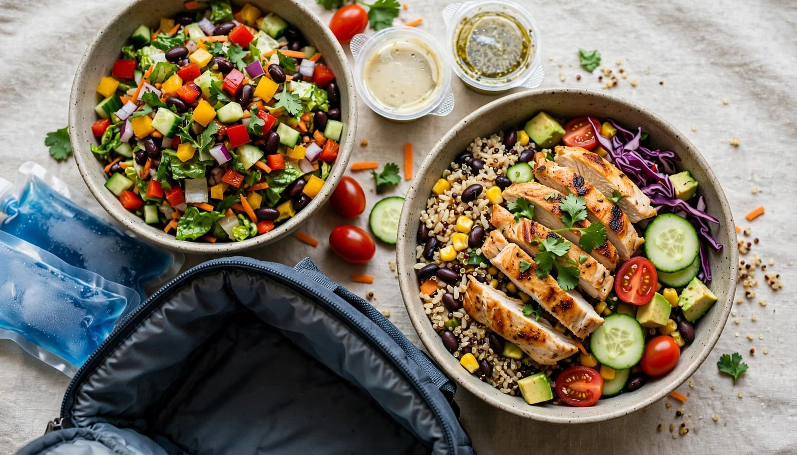 A grain bowl and chopped salad sit beside a lunch bag, gel packs, and two dressing containers.