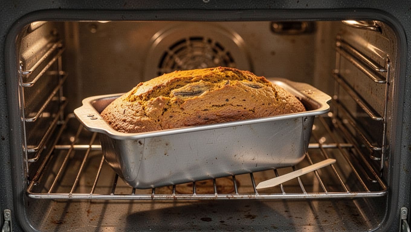 Pumpkin banana bread in a loaf pan with a skewer inside a warm oven.