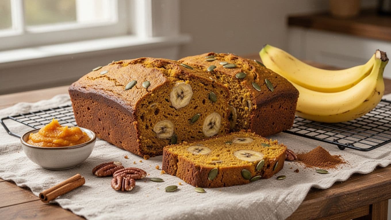 Sliced pumpkin banana bread loaf with bananas, pumpkin puree, and cinnamon on a kitchen table.
