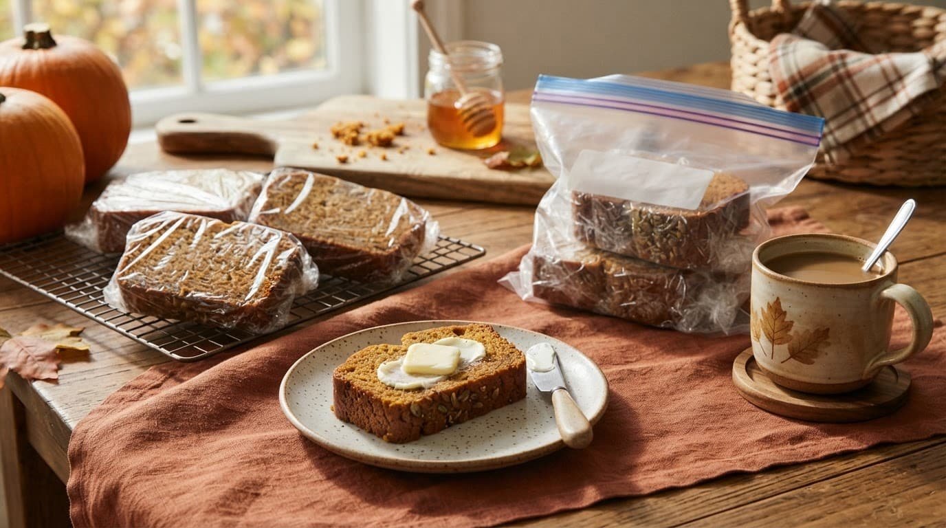 A slice of pumpkin banana bread with butter sits beside wrapped slices and a freezer bag.