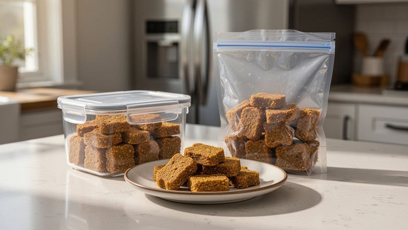 Pumpkin banana dog treats portioned in containers beside a plain plate.