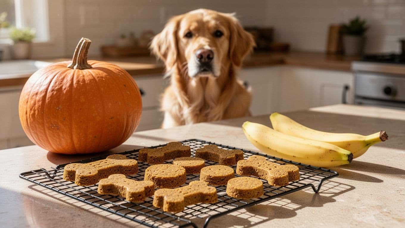 Pumpkin banana dog treats cool on a rack with a golden retriever in the background.