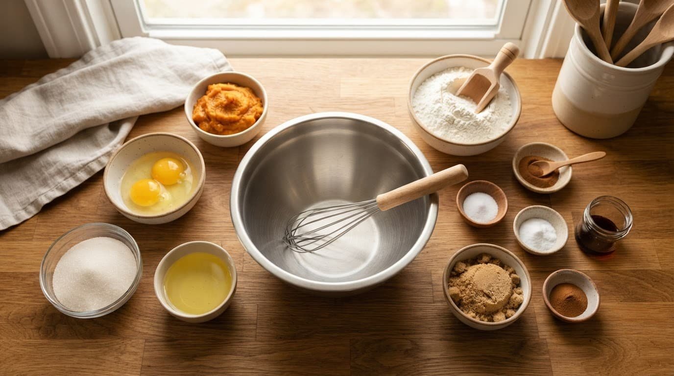 Measured pumpkin bar ingredients in bowls beside a mixing bowl.