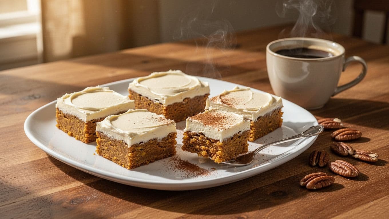 Frosted pumpkin bars on a white platter with coffee, cinnamon, and pecans.
