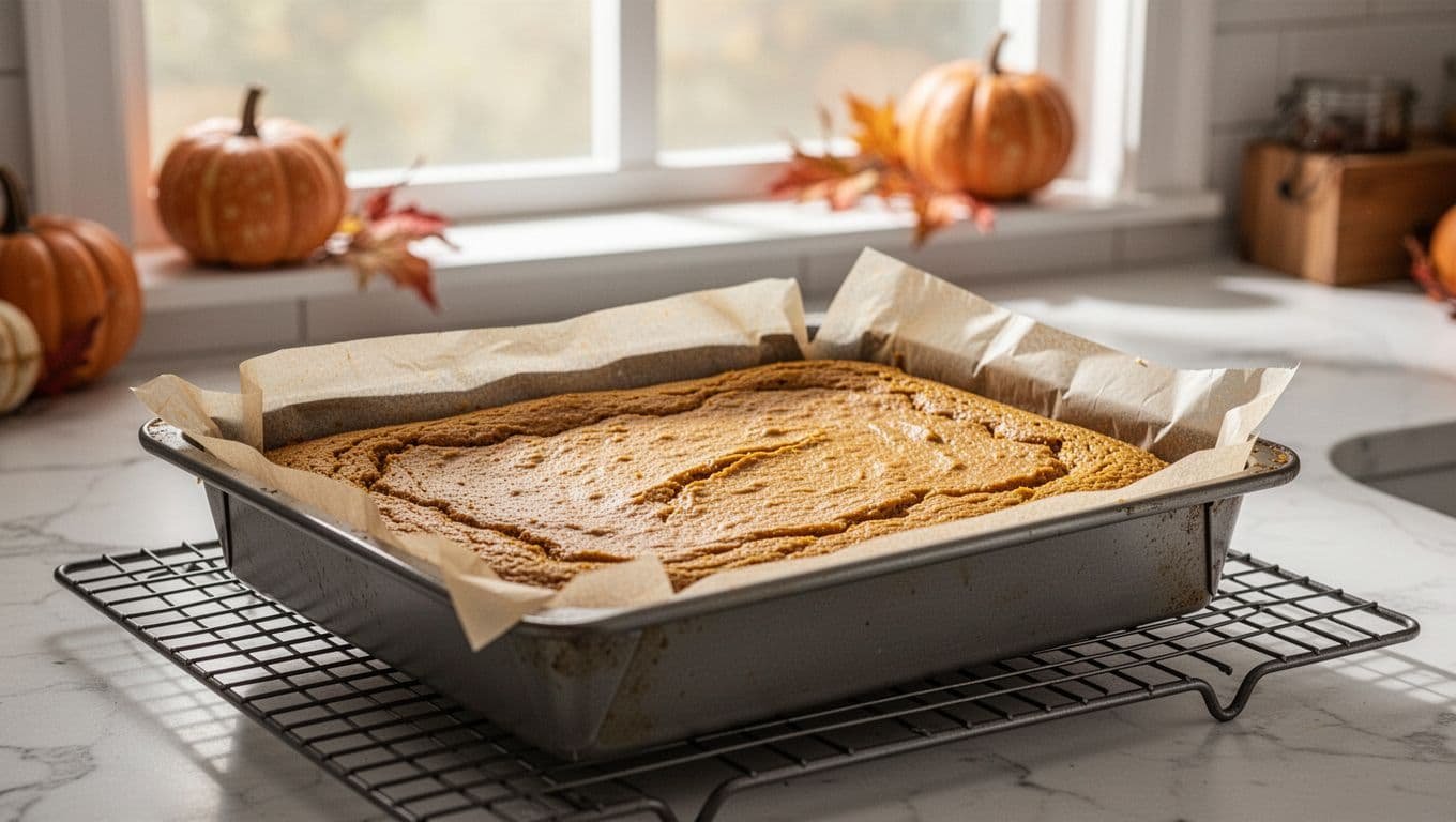 Golden pumpkin bars cooling in a parchment-lined pan on a wire rack.