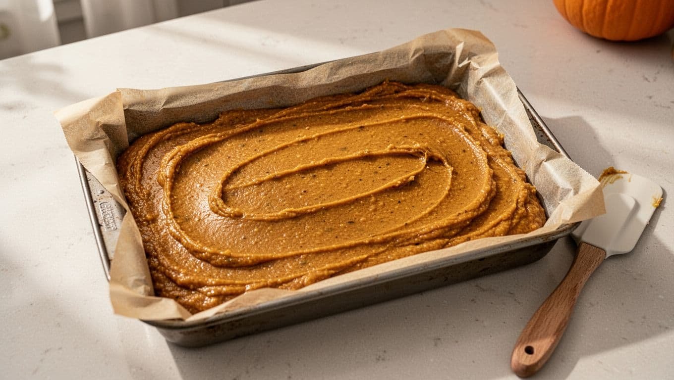 Pumpkin batter is spread evenly in a parchment-lined baking pan beside a spatula.