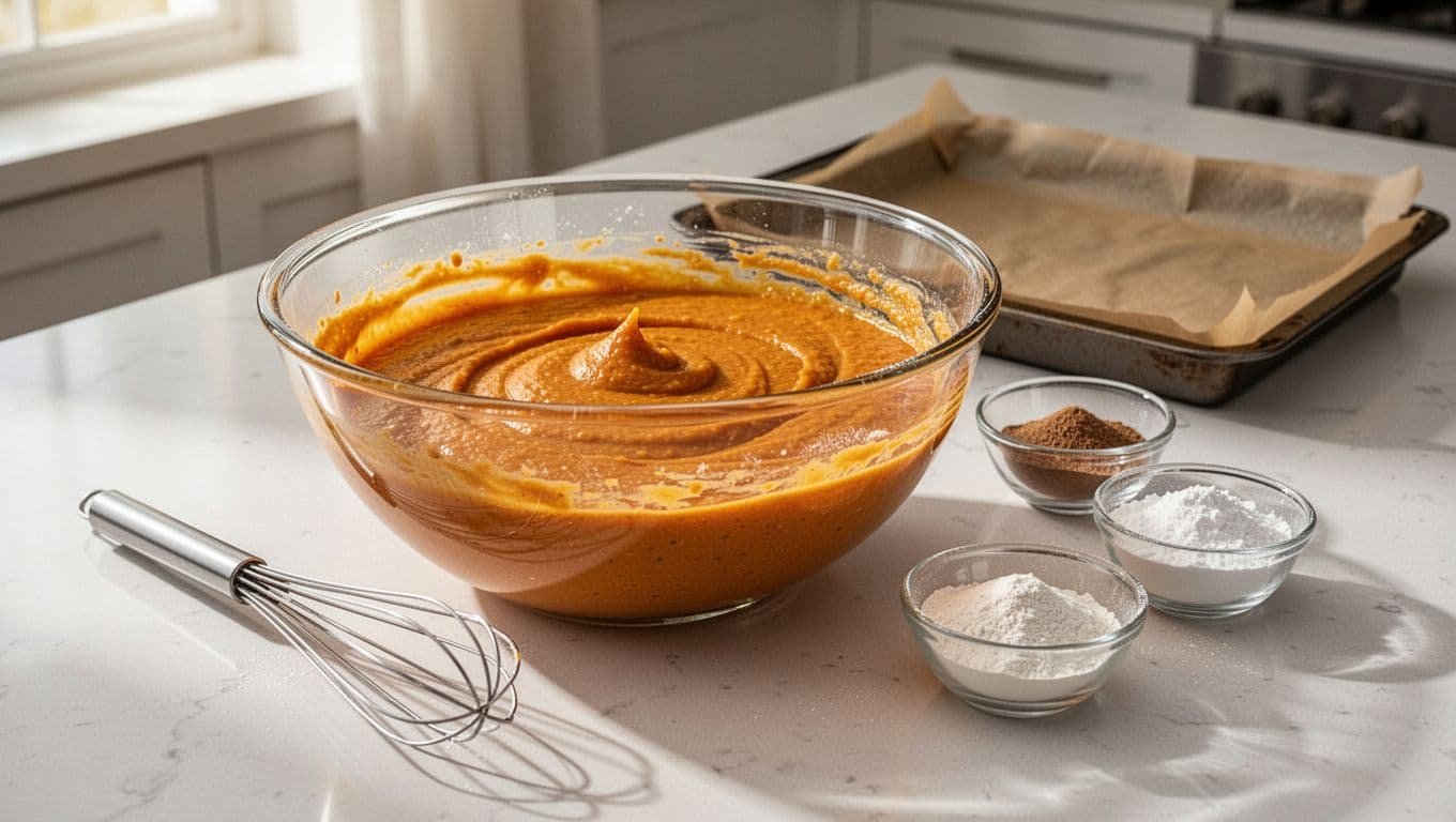 Bowl of pumpkin batter with a whisk and measured ingredients on a kitchen counter.